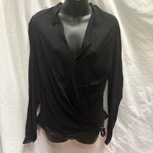 Helmut Lang size M Elegant Black Women's Wrap Top w/ leather trim